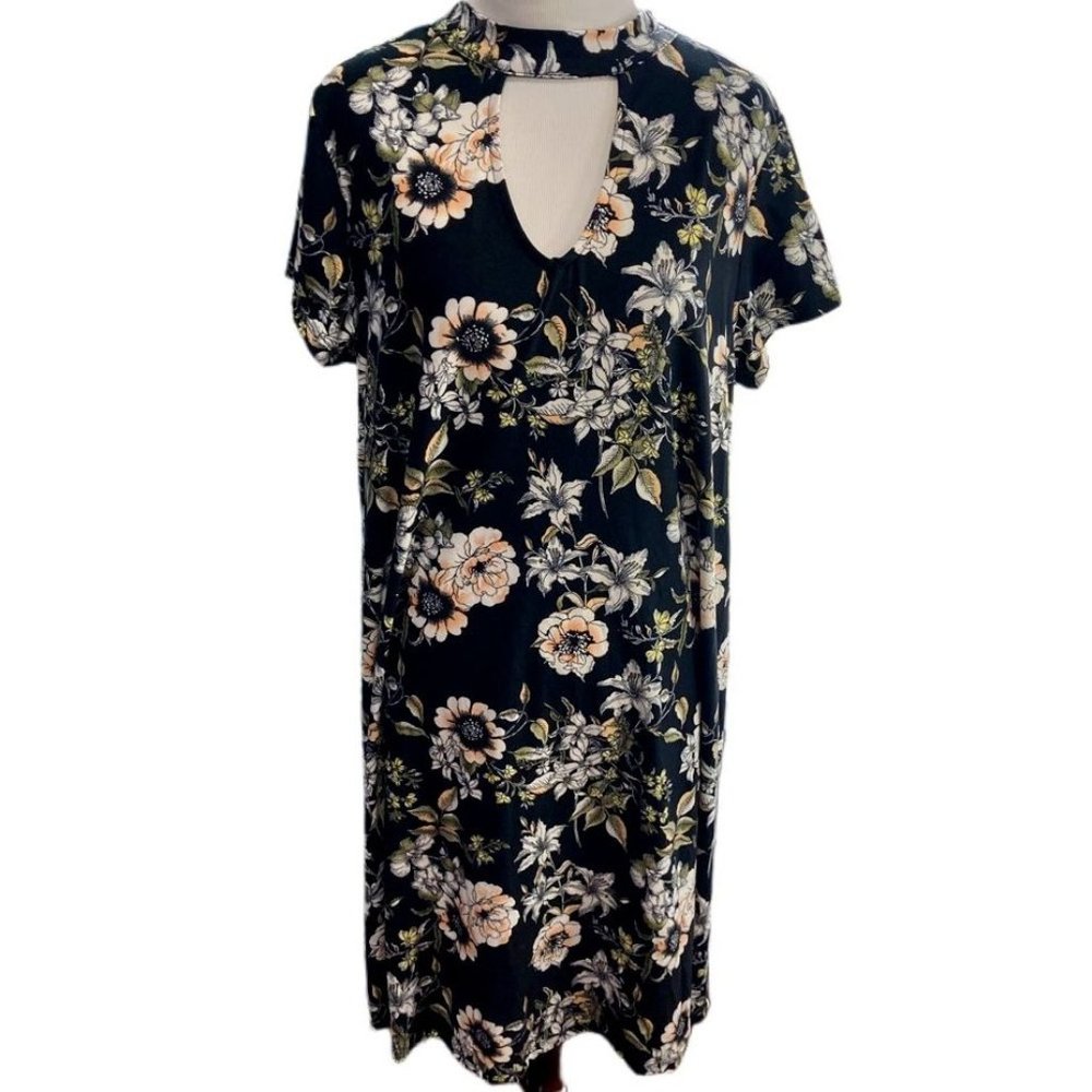 Sauci Womens Shift Dress Black Floral Stretch Keyhole Neck Tie Short Sleeve L